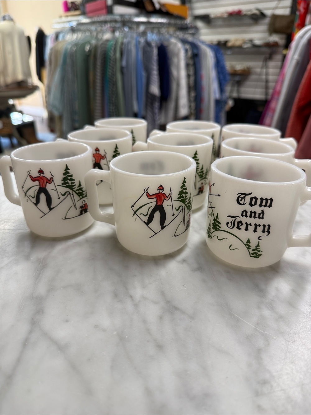 Set of 9 Vintage Hazel Atlas "Ski Motif" Tom & Jerry Punch Hot Chocolate Mugs